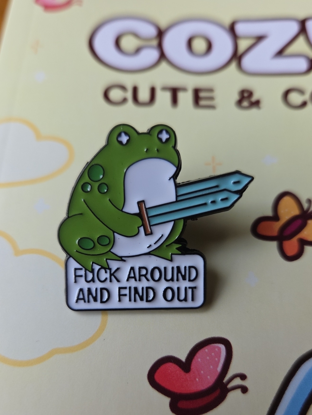 Green Frog Enamel Pin - Funny Sword Badge